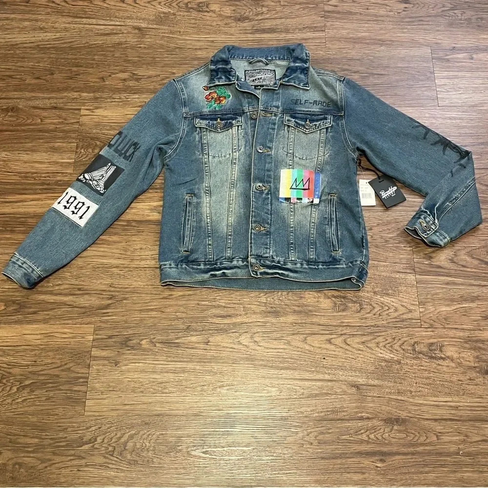 NWT Brooklyn Cloth Artistic Denim Jacket with Colorful Patches Streetwear Size S